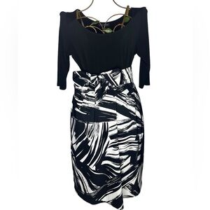 Jessica Howard Abstract Print Sheath A-Line Belted Dress - Black / White Size 12